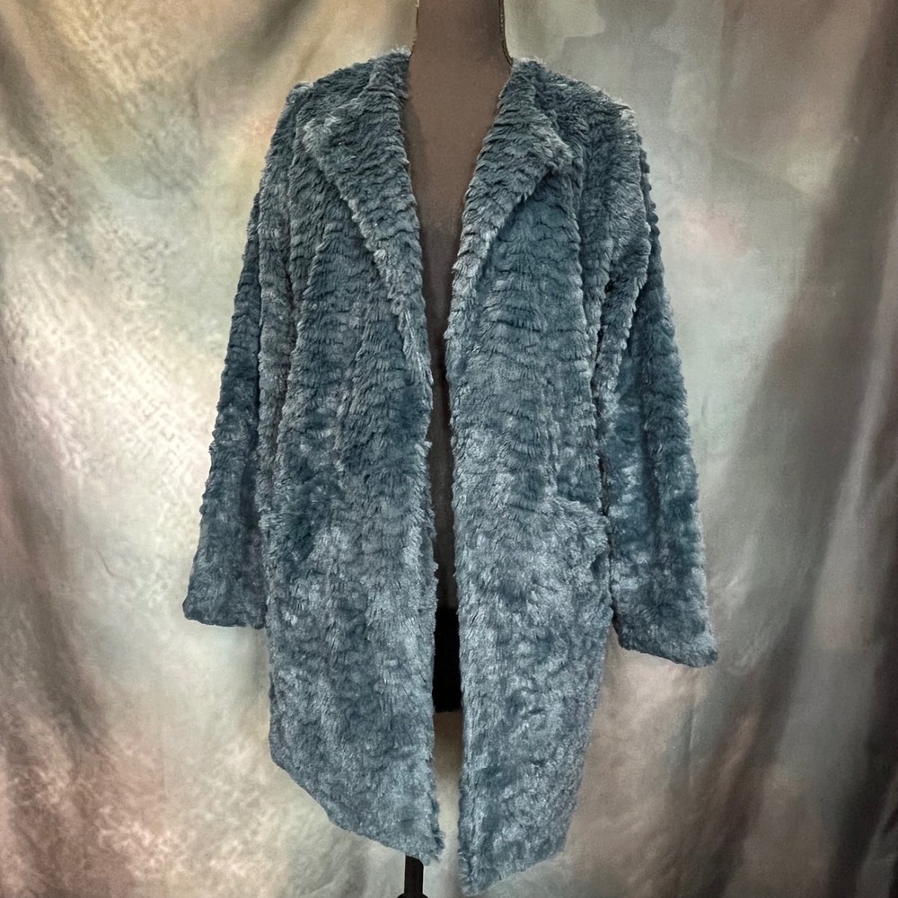 Democracy Faux Fur Long Coat Teal Blue Shawl Collar Pockets Women's Size Small